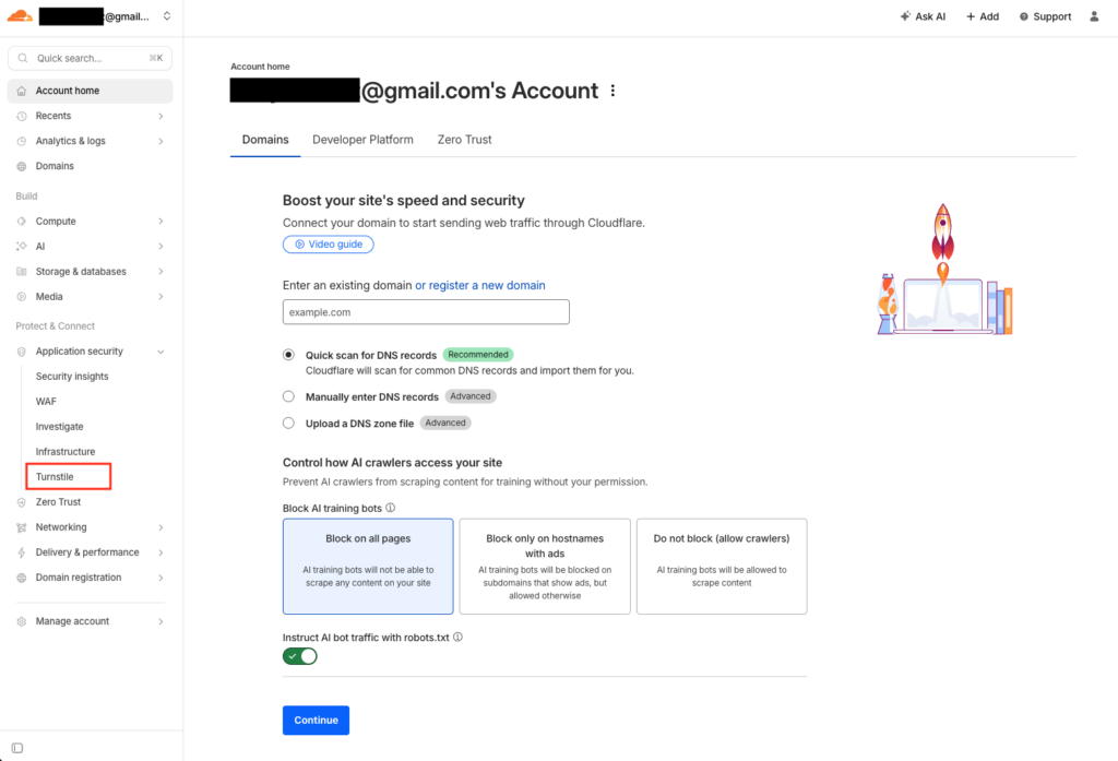 Cloudflareのダッシュボード画面。左側のメニューから機能を選択します。