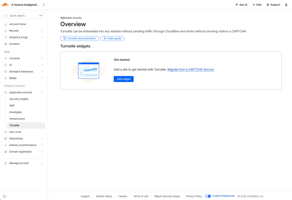 Turnstileのメニュー画面。「Add widget」ボタンをクリックします。