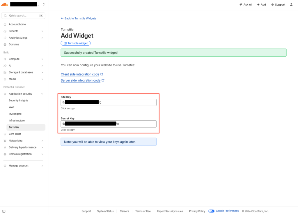 作成されたSite KeyとSecret Keyの画面。